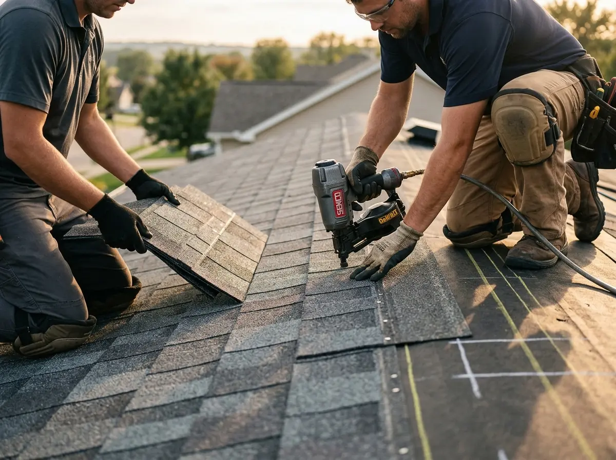 Professional roofer working on a residential roof in Oak Island